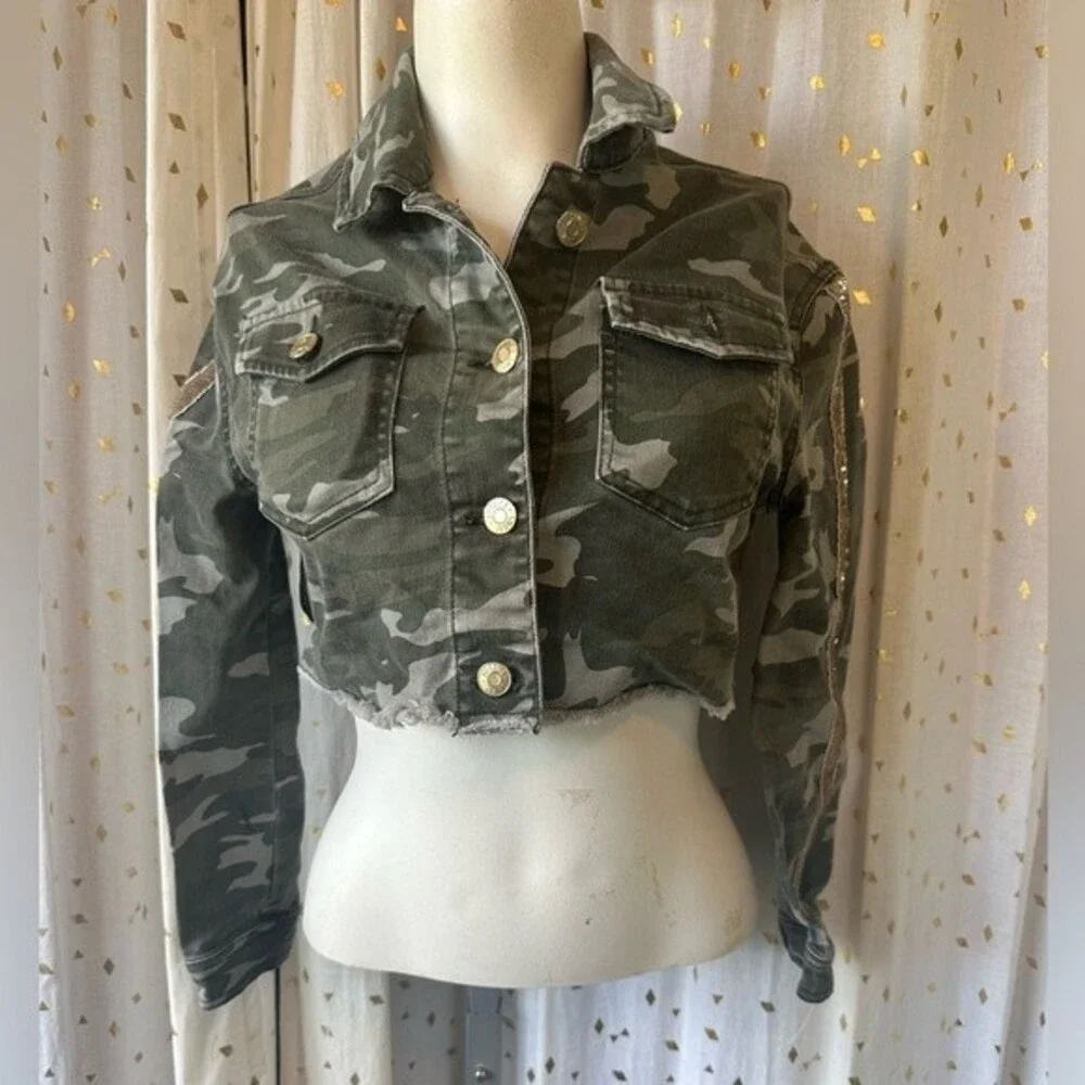 Justice Girls Stretch Green Camouflage Embellished Cropped Denim Jacket Size 10